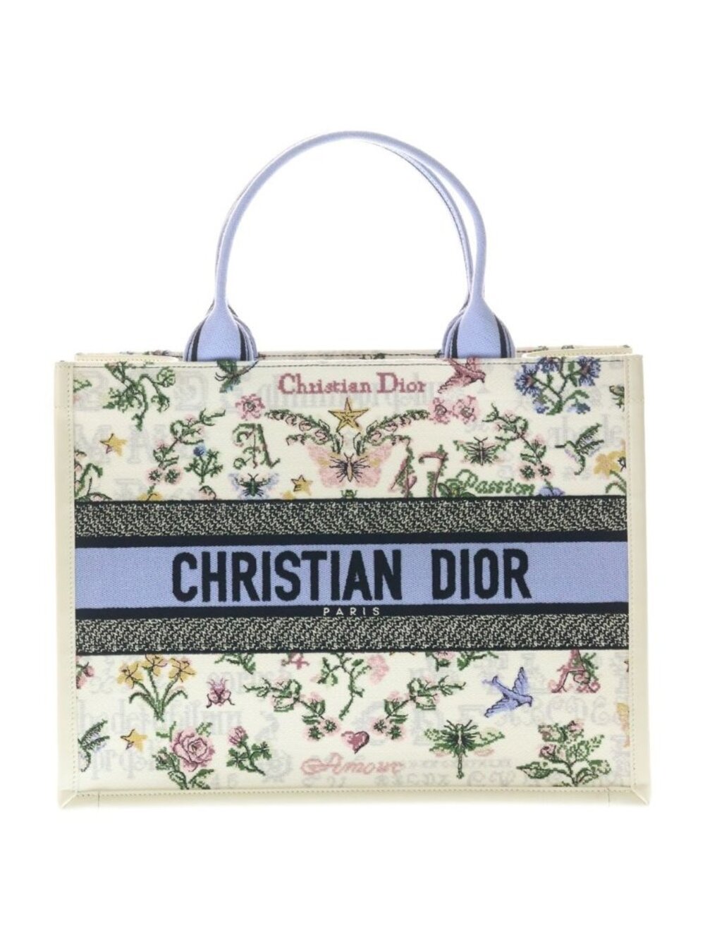 Dior Book Tote 2-Way Shoulder Bag White Light Blue Leather Canvas